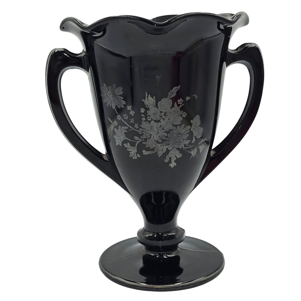 .LE. Smith Black Loving Cup S.S. RARE Floral Design Overlay Ruffled Rim Handles